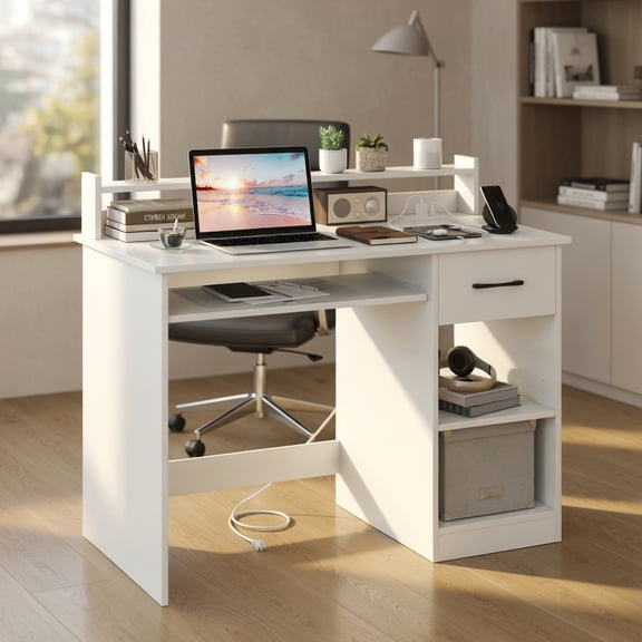 Resenkos Home Office Desk with Built-In Charging Station and Adjustable Shelf - White