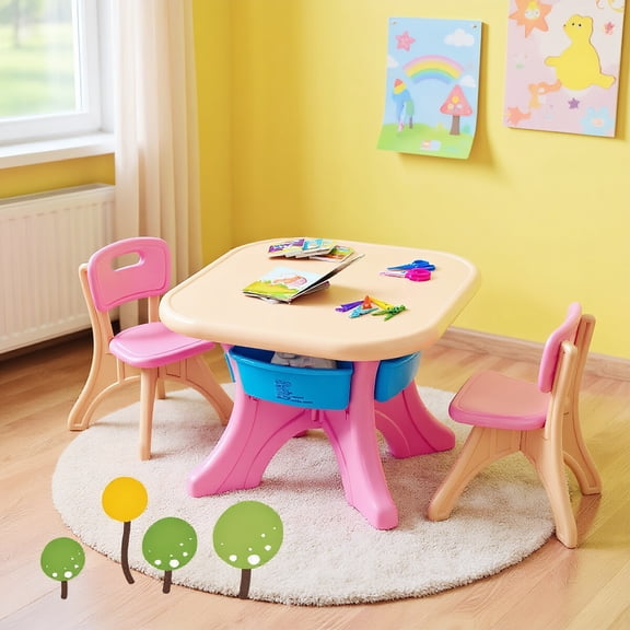 Resenkos In/Outdoor 3-Piece Plastic Children Play Table & Chair Set, Small Folding Table for Arts & Crafts, Snack Time, Homeschooling, Homework