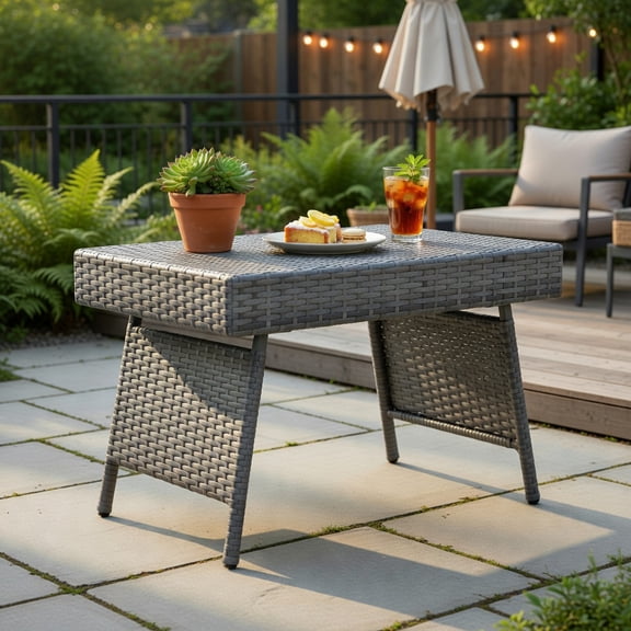 Resenkos Indoor Outdoor Small PE Rattan Square Side/End Table with Slatted Tabletop , Patio Coffee Bistro Table, Gray