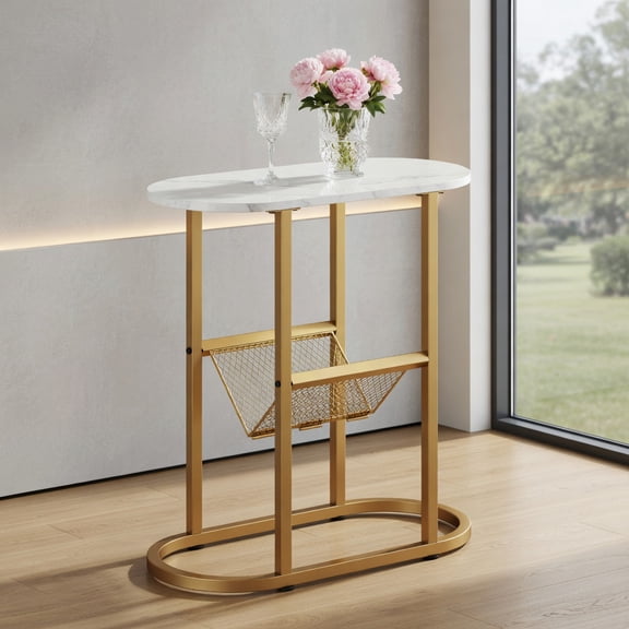 Resenkos Industrial 2-Tier Oval Side Table with Wire Mesh Shelf, White