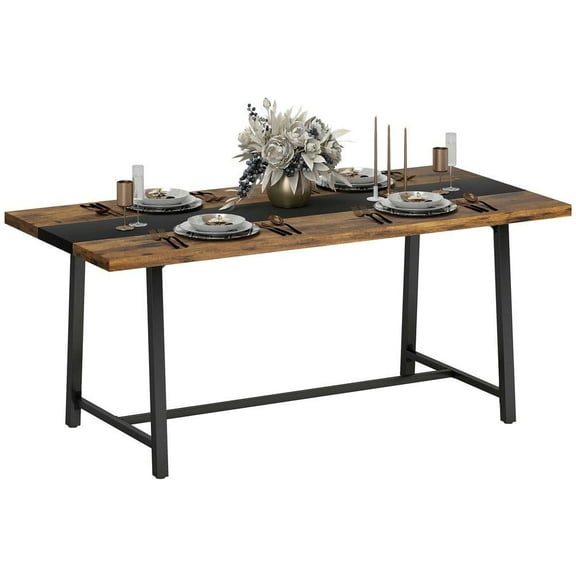 Resenkos Industrial 70.9-Inch Dining Table Seating Eight with Steel Frame, Brown