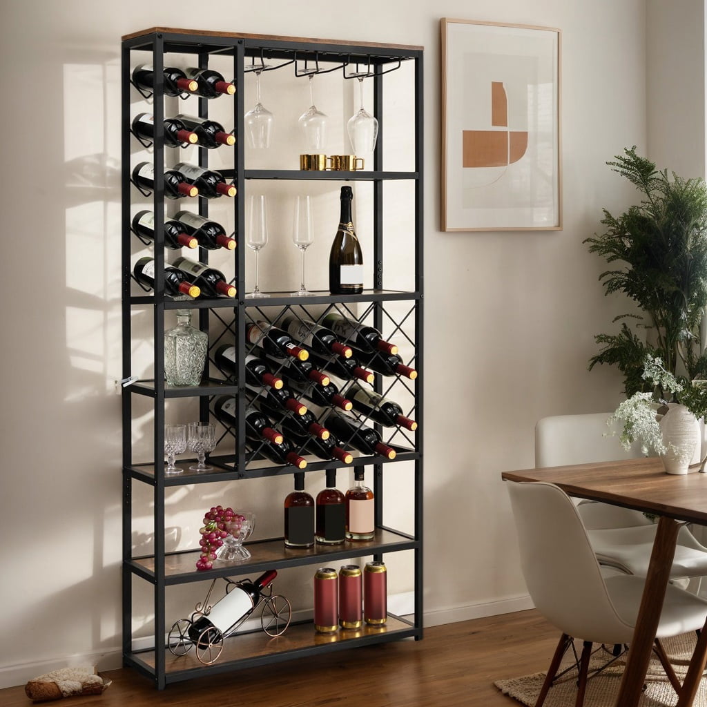 Dine Racks Resenkos Industrial Floor Wine Rack with 3 Rows of Stemware Racks, Wine ...