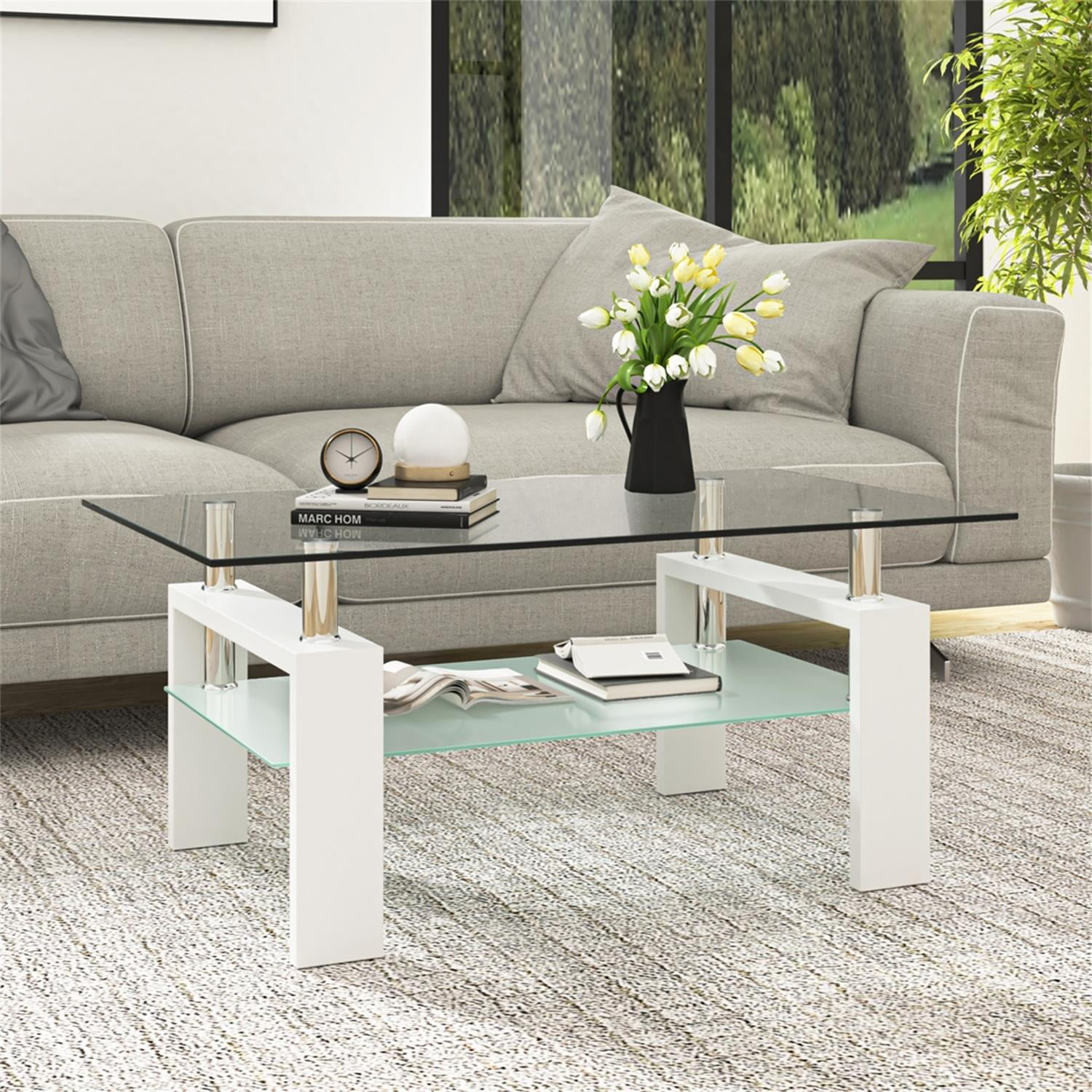 Resenkos Industrial Living Room Table with Open Storage and White Wood Legs, Clear Glass Coffee Table Sofa Tables for Home Office