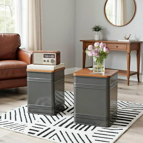 Resenkos Industrial Nesting Ottoman Set of 2 - Storage Stool with Removable Lid, Metal Frame, for Living Room, Black