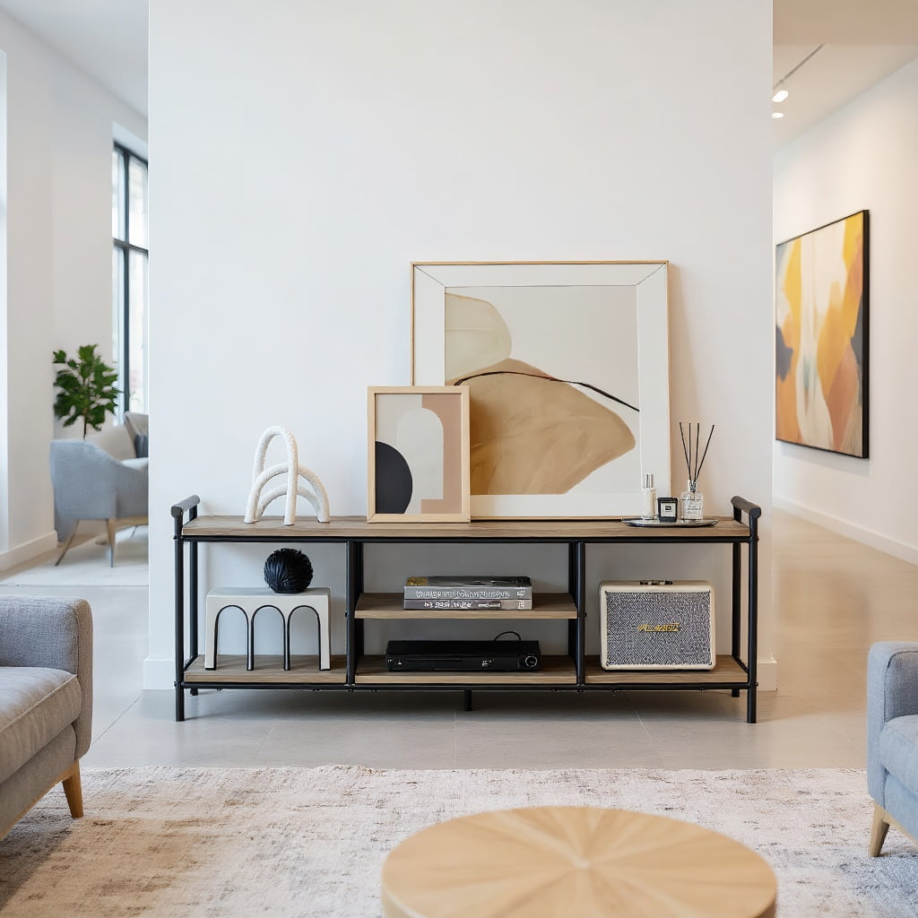 Resenkos Industrial TV Stand for TVs up to 60 Inch with Storage Shelves-Natural, Mid Century Modern TV Stand for Living Room Bedroom