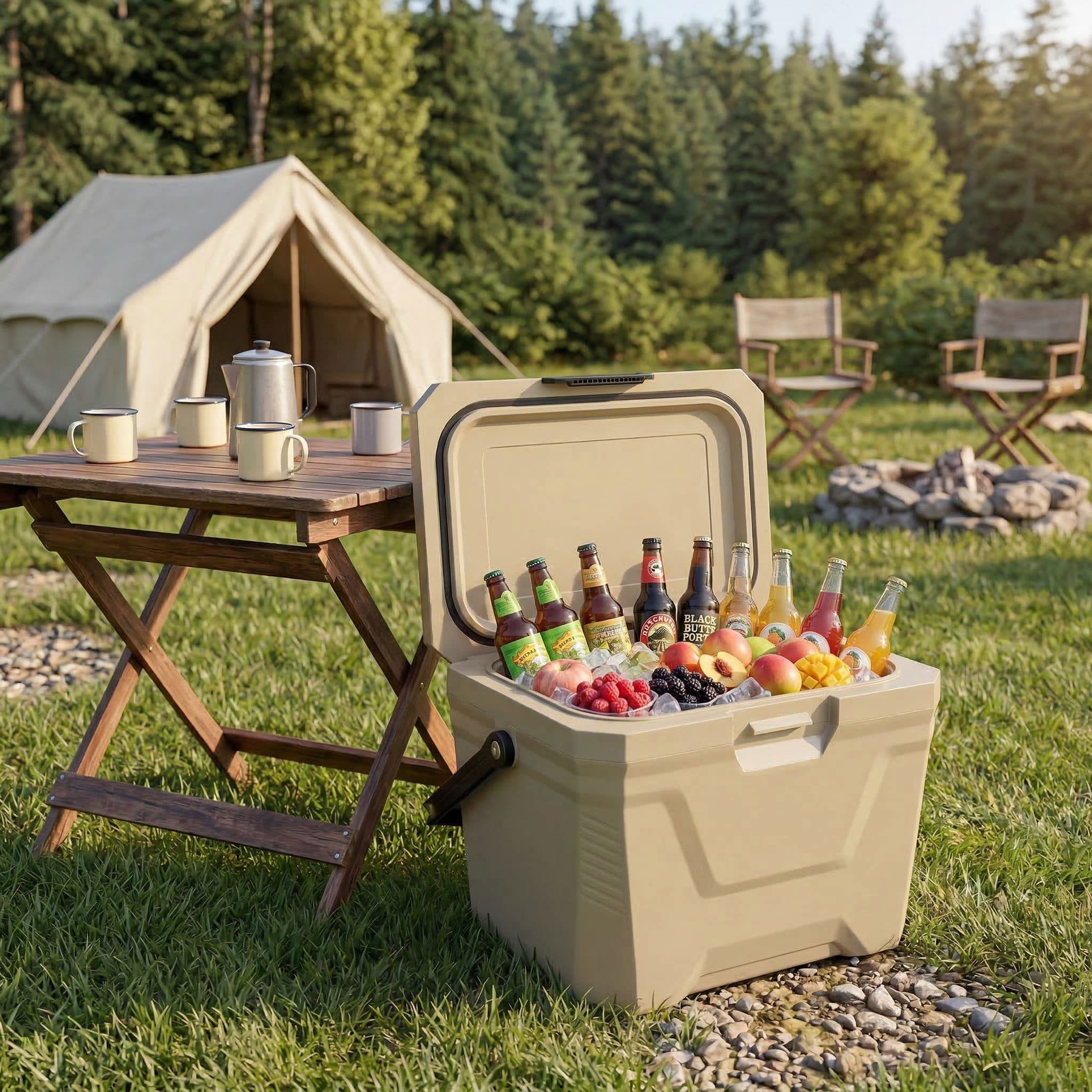 Resenkos Insulated Hard Shell Ice Chest Cooler with 2 Cup Holders, Portable Outdoor Cooler Box for Camping, Fishing and Backyard Gatherings, Brown