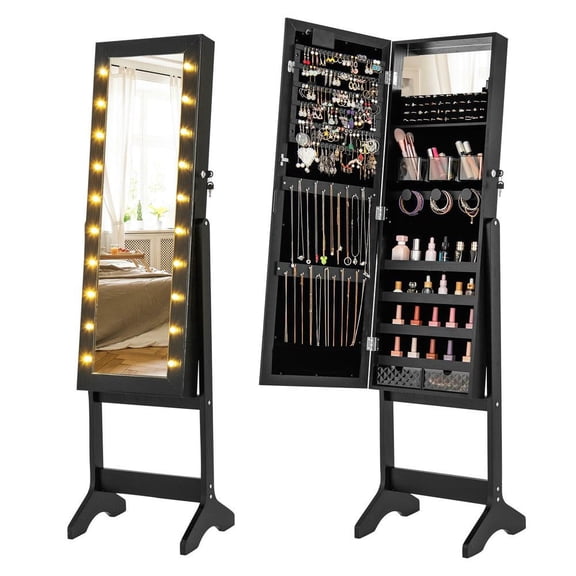 Resenkos Lighted Jewelry Cabinet - 20 Warm Lights, 4 Tilt Angles, Full-Length Mirror - Black