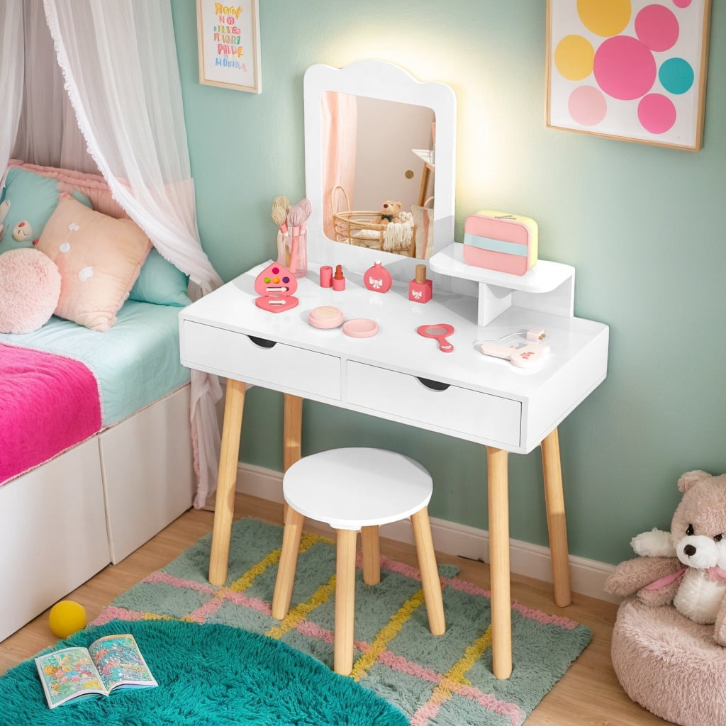 Resenkos Kid Vanity Table Chair Set with Mirror and 2 Large Storage Drawers-White, Kids Makeup Vanity for Girls Kids Resenkos Kid Vanity Table Chair Set with Mirror and 2 Large Storage Drawers-White, Kids Makeup Vanity for Girls Kids