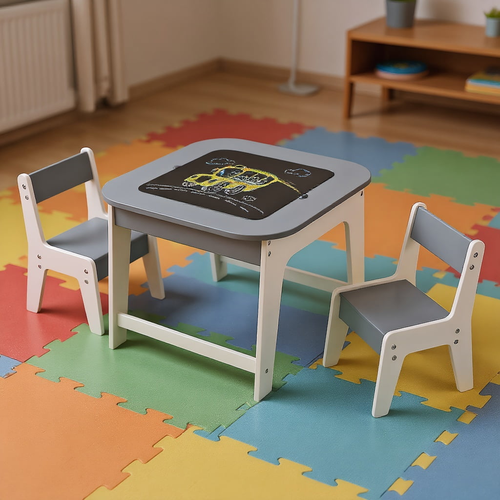 Resenkos Kid's Table and Chairs Set with Double-sized Tabletop-Gray, Small Folding Table for Arts & Crafts, Snack Time, Homeschooling, Homework