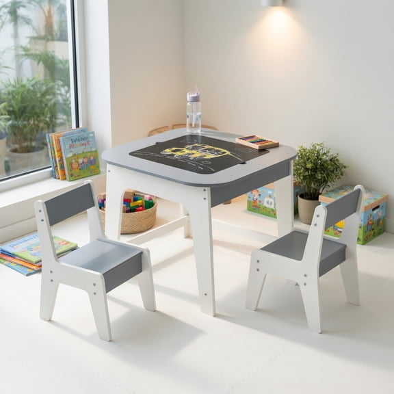 Resenkos Kid's Table and Chairs Set with Double-sized Tabletop-Gray, Small Folding Table for Arts & Crafts, Snack Time, Homeschooling, Homework