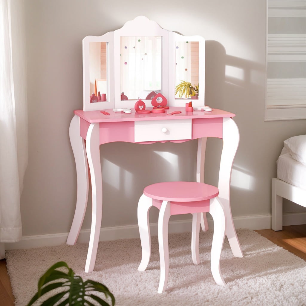 Resenkos Kid's Wooden Vanity Table and Stool Set with 3-Panel Acrylic Mirror-White, Kids Makeup Vanity for Girls Kids Resenkos Kid's Wooden Vanity Table and Stool Set with 3-Panel Acrylic Mirror-White, Kids Makeup Vanity for Girls Kids