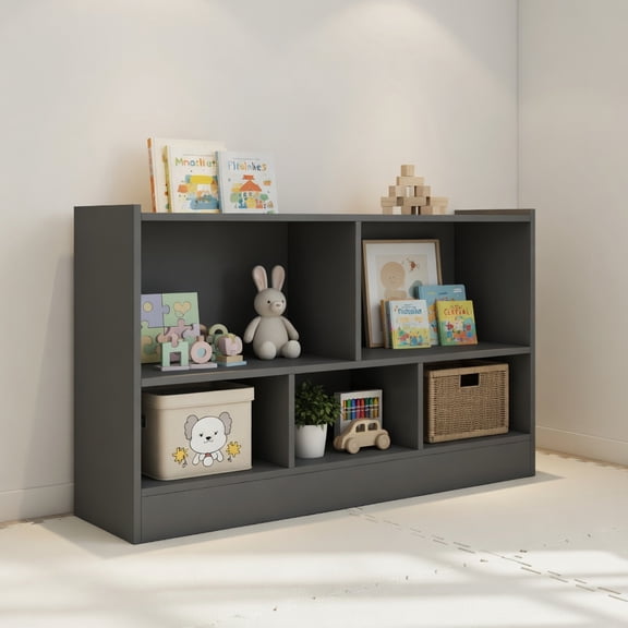 Resenkos Kids 2-Shelf Bookcase 5-Cube Wood Toy Storage Cabinet Organizer-Gray, Kids Toy Storage for Kids, Boys, Girls, Nursery