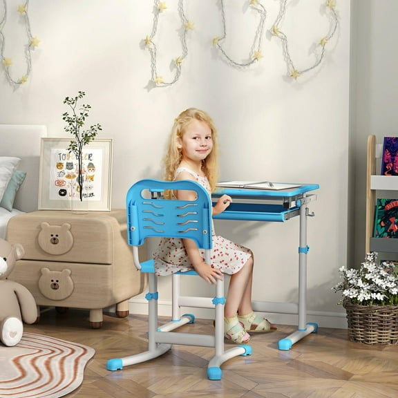 Resenkos Kids Height-Adjustable Desk & Chair Set - With Tilt Desktop, Storage Drawer, Pen Slot & Hook, Blue