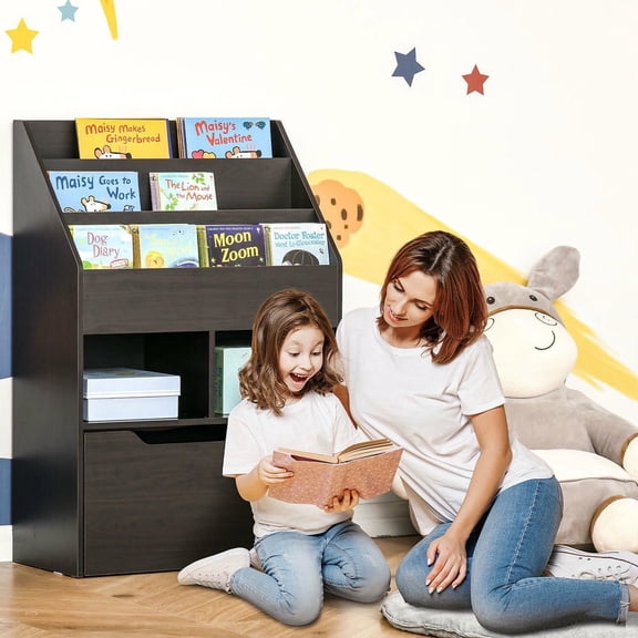 Resenkos Kids Bookcase - Multi-Shelf Rack with Mobile Drawer for Books & Toys, Brown