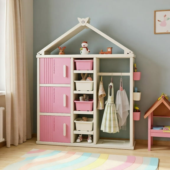 Resenkos Kids Costume Storage Closet with Storage Bins and Shelves and Side Baskets for Kids Room-Pink, Kids Toy Storage for Kids, Boys, Girls, Nursery