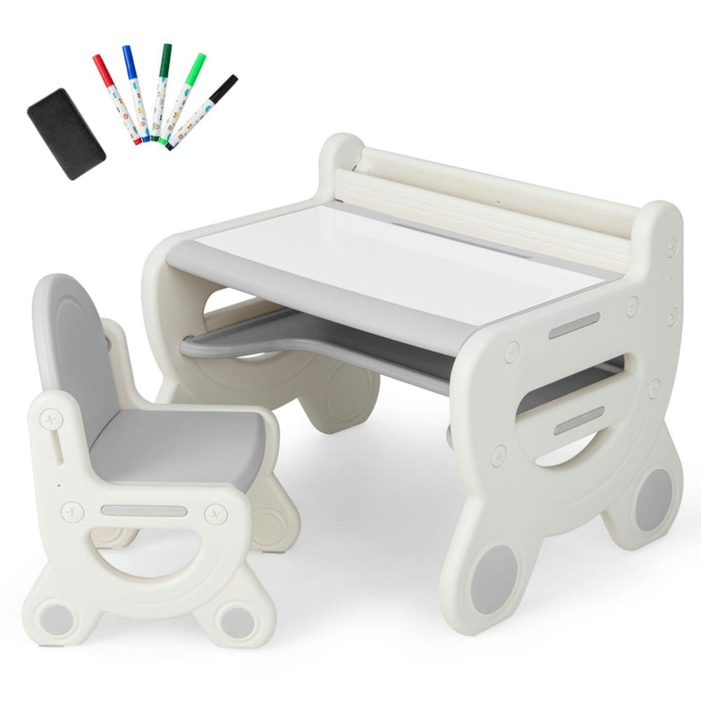 Resenkos Kids Drawing Table and Chair Set with Watercolor Pens and Blackboard Eraser-Gray, Small Folding Table for Arts & Crafts, Snack Time, Homeschooling, Homework