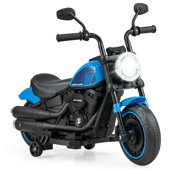 Resenkos Kids Electric Motorcycle with Training Wheels and LED Headlights-Blue, Motorcycle Toy for Children Boys & Girls