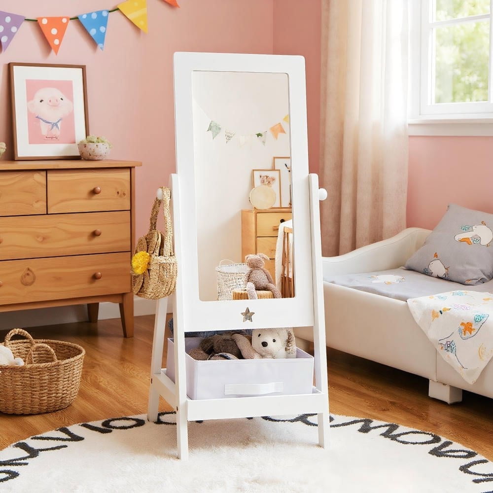 Resenkose Kids Full Length Wooden Standing Mirror with Bottom Shelf and Foldable Storage Bin-White, Kids Makeup Vanity for Girls Kids, White