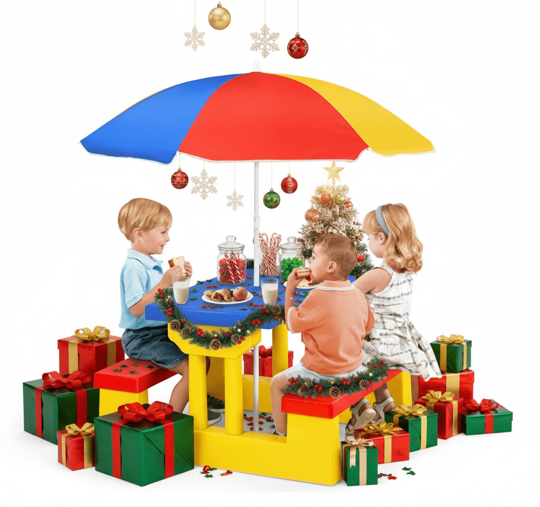 Resenkose Kids Picnic Table and Bench with Folding Umbrella-Yellow, Small Table for Arts & Crafts, Snack Time, Homeschooling, Homework, Yellow