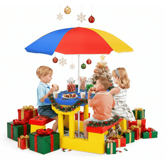 Resenkos Kids Picnic Table and Bench with Folding Umbrella-Yellow, Small Table for Arts & Crafts, Snack Time, Homeschooling, Homework