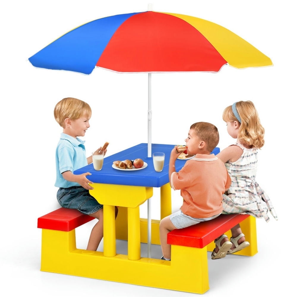 Resenkos Kids Picnic Table and Bench with Folding Umbrella-Yellow, Small Table for Arts & Crafts, Snack Time, Homeschooling, Homework