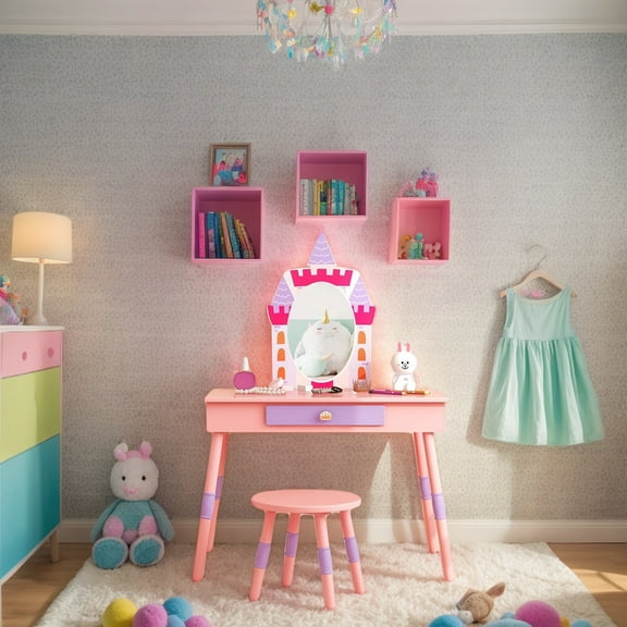 Resenkos Kids Princess Vanity Table and Stool Set with Drawer and Mirror-Pink, Kids Makeup Vanity for Girls Kids