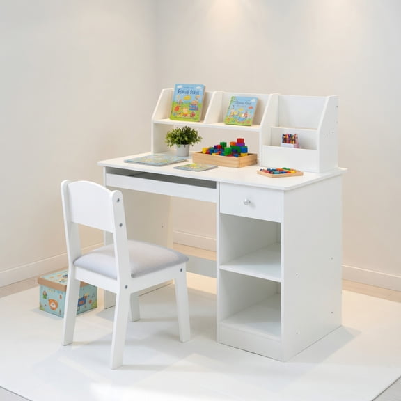 Resenkos Kids Study Desk Children Writing Table with Hutch Drawer Shelves and Keyboard Tray-White, Small Folding Table for Arts & Crafts, Snack Time, Homeschooling, Homework
