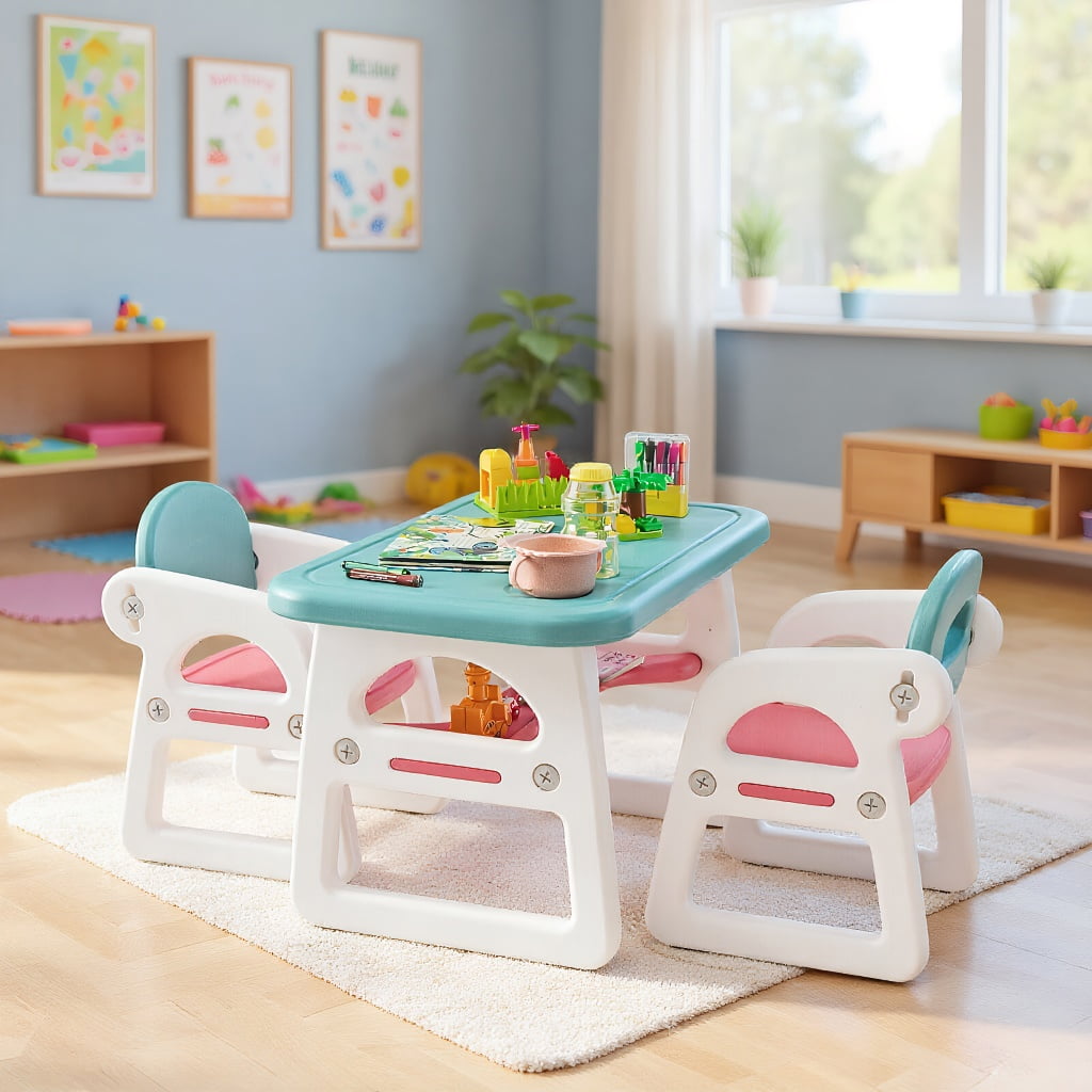 Resenkos Kids Table and Chair Set with Building Blocks-Pink & Blue, Small Folding Table for Arts & Crafts, Snack Time, Homeschooling, Homework