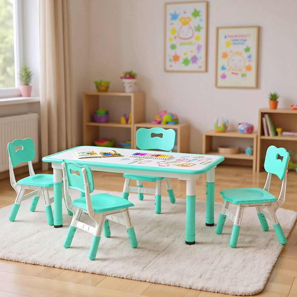 Resenkos Kids Table and Chairs Set for 4 with Graffiti Desktop-Green ...