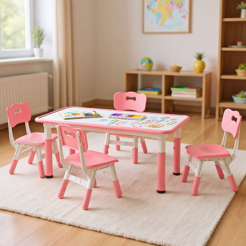 Resenkos Kids Table and Chairs Set for 4 with Graffiti Desktop-Pink, Small Folding Table for Arts & Crafts, Snack Time, Homeschooling, Homework