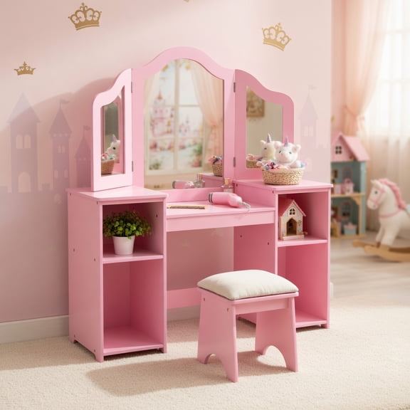 Resenkos Kids Tri Folding Mirror Makeup Dressing Vanity Table Set-Pink, Kids Makeup Vanity for Girls Kids