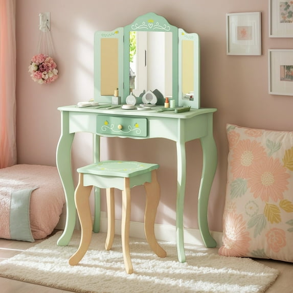 Resenkos Kids Vanity Set with Tri-folding Mirror-Green, Kids Makeup Vanity for Girls Kids