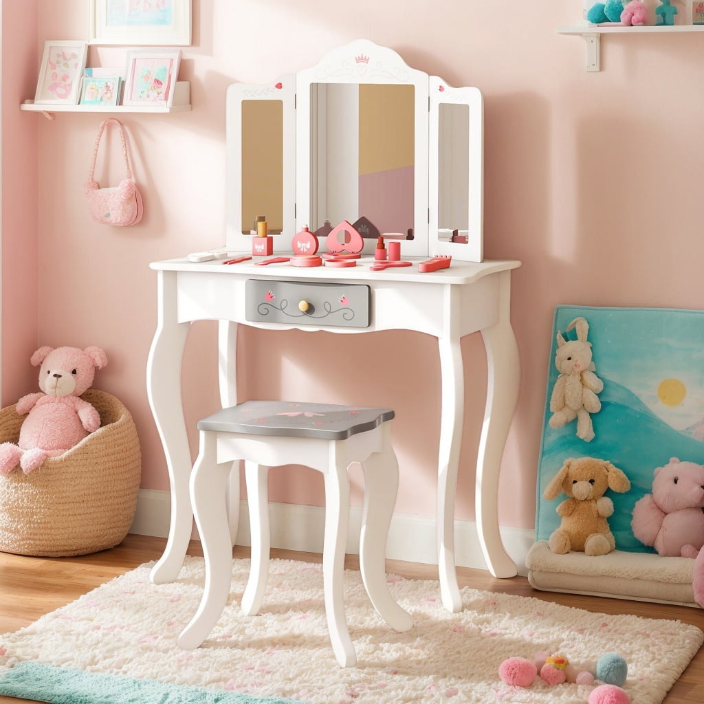 Resenkos Kids Vanity Set with Tri-folding Mirror-White, Kids Makeup Vanity for Girls Kids Resenkos Kids Vanity Set with Tri-folding Mirror-White, Kids Makeup Vanity for Girls Kids