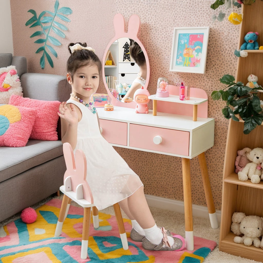 Rabbit Ruller Vanity Resenkos Kids Vanity Table and Chair Set with Drawer Shelf and Rabbit ...
