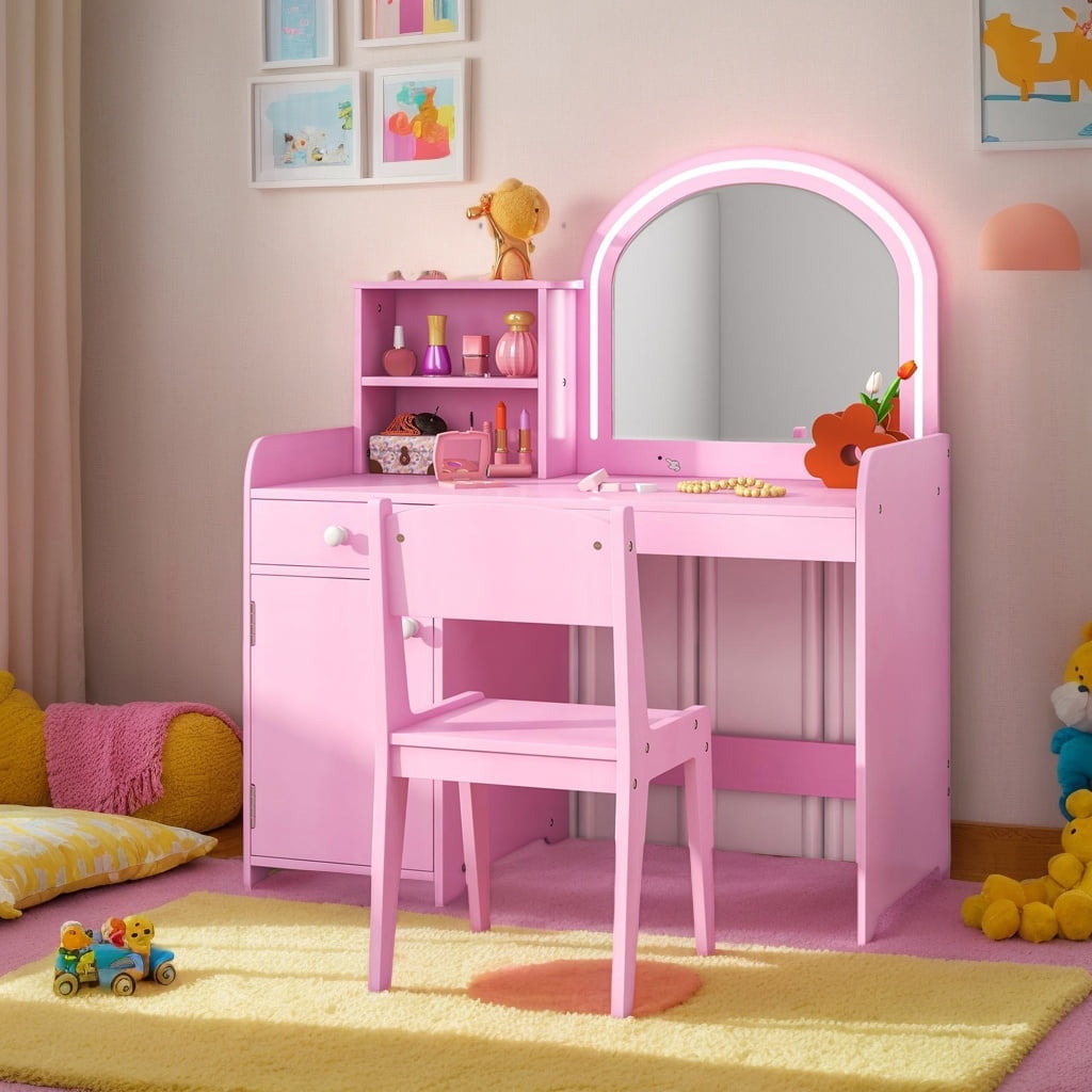 Resenkose Kids Vanity Table and Chair Set with Shelves Drawer and Cabinet-Pink, Kids Makeup Vanity for Girls Kids, Pink