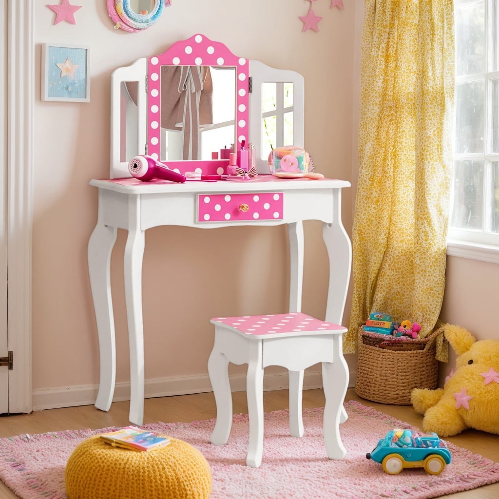 Resenkose Kids Vanity Table and Stool Set with Cute Polka Dot Print-Pink, Kids Makeup Vanity for Girls Kids, White