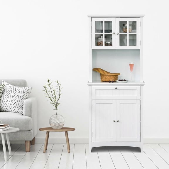 Resenkos Freestanding Kitchen Buffet Hutch with Framed Glass Door, Includes a Drawer, Open Shelf, Dedicated Microwave Storage Space, White Finish