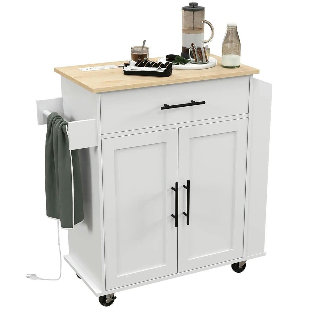 Resenkos Kitchen Cart, Kitchen Island Cart,Kitchen Island on Rollers with Power Outlets, Drawer, and Doors, White