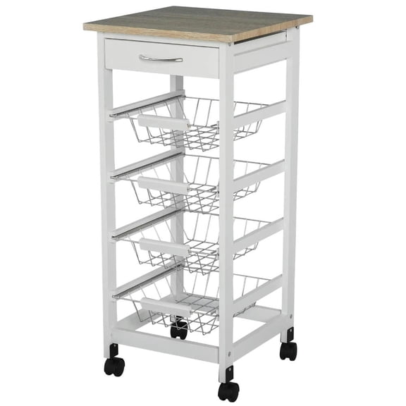 Resenkos Kitchen Cart, Kitchen Island Cart,Mobile Kitchen Cart, Solid Wood Utility Cart with Wire Fruit Baskets and Drawer, White