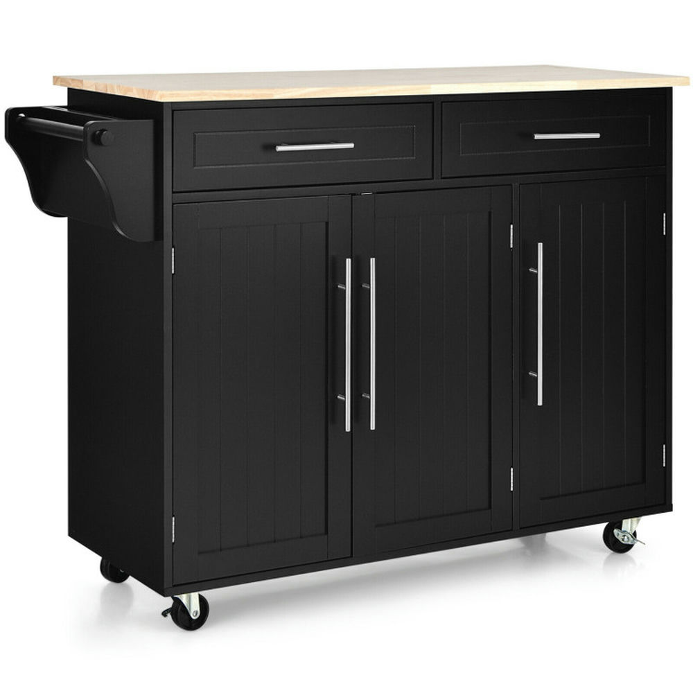 Resenkos Kitchen Island Trolley Wood Top Rolling Storage Cabinet Cart with Knife Block-Black, Kitchen Island, Island Table for Kitchen,Dinning Room, Black