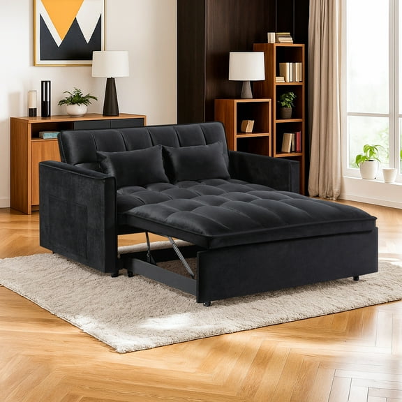 Resenkos Sleeper Sectional Sofa Flannel Couch Pull-Out Bed and Adjustable Backrest, Black