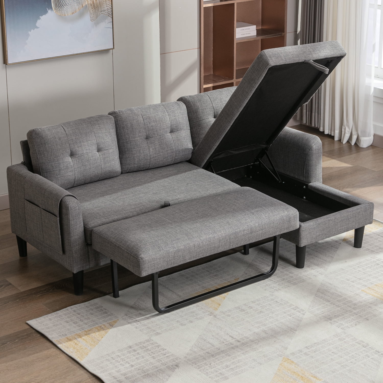 Resenkos L Shaped 4-Seat Sleeper Sectional Sofa Couch Pull-Out Bed and Storage Chaise Lounge, Light Gray