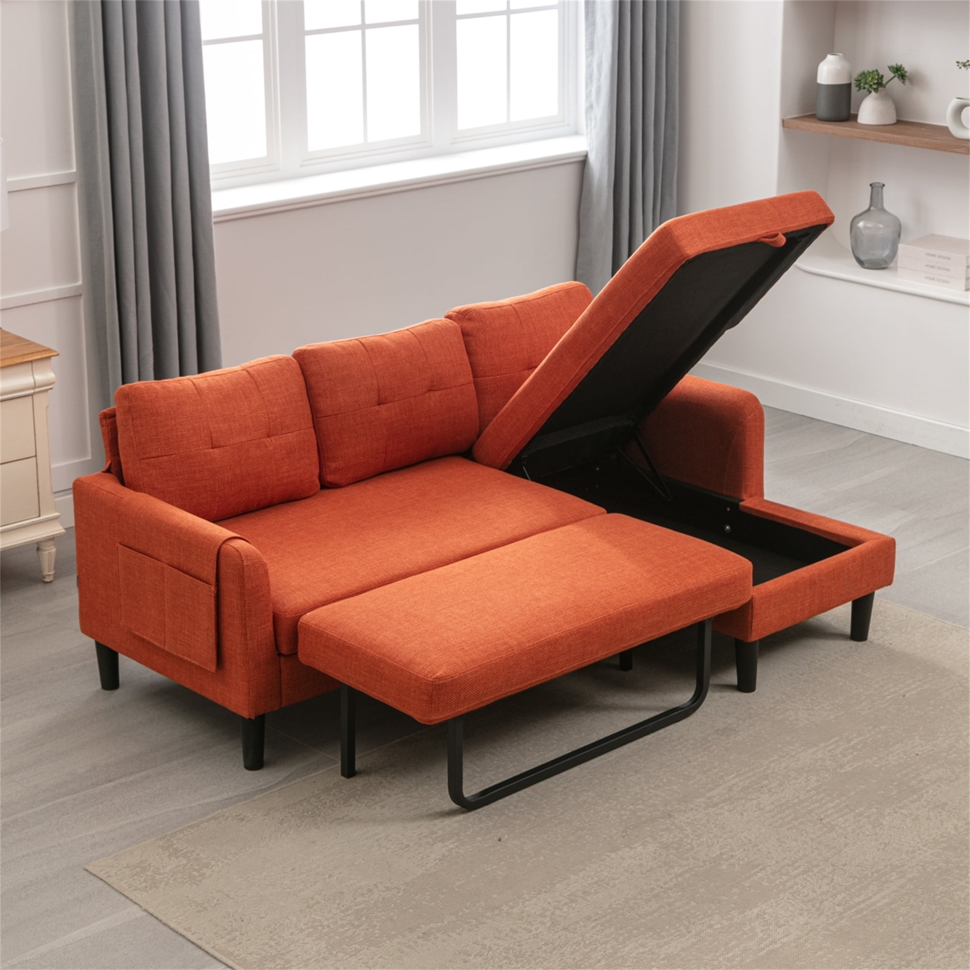 Resenkos L Shaped 4-Seat Sleeper Sectional Sofa Couch Pull-Out Bed and Storage Chaise Lounge, Orange