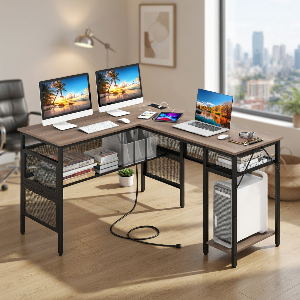 Resenkos L-Shaped Computer Desk with Charging Station and Adjustable ...