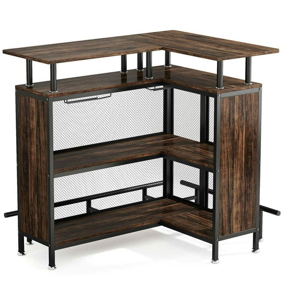 Resenkos corner bar table, Bar table with storage, L-Shaped Home Bar Unit, 3 Tier Liquor Table With Storage Shelves and Wine Glasses Holder, Brown
