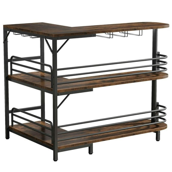 Resenkos corner bar table, Bar table with storage, L-Shaped Home Bar Unit, 3 Tier Liquor Table With Storage Shelves and Wine Glasses Holder, Brown