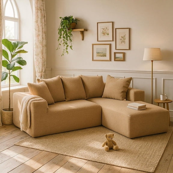 Resenkos L-Shaped Full Foam Sectional Sofa, 5 Pillows, Compressed Shipping, Flannelette, Space Saving Design, Brown