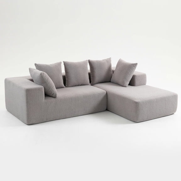 Resenkos L-Shaped Full Foam Sectional Sofa, 5 Pillows, Compressed Shipping, Flannelette, Space Saving Design, Gray