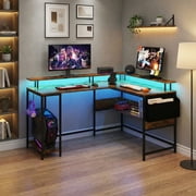 Resenkos L-Shaped Gaming Desk with LED Lights and Power Outlets, Corner Computer Desk for Home, Office, Gaming Room, Rustic Brown