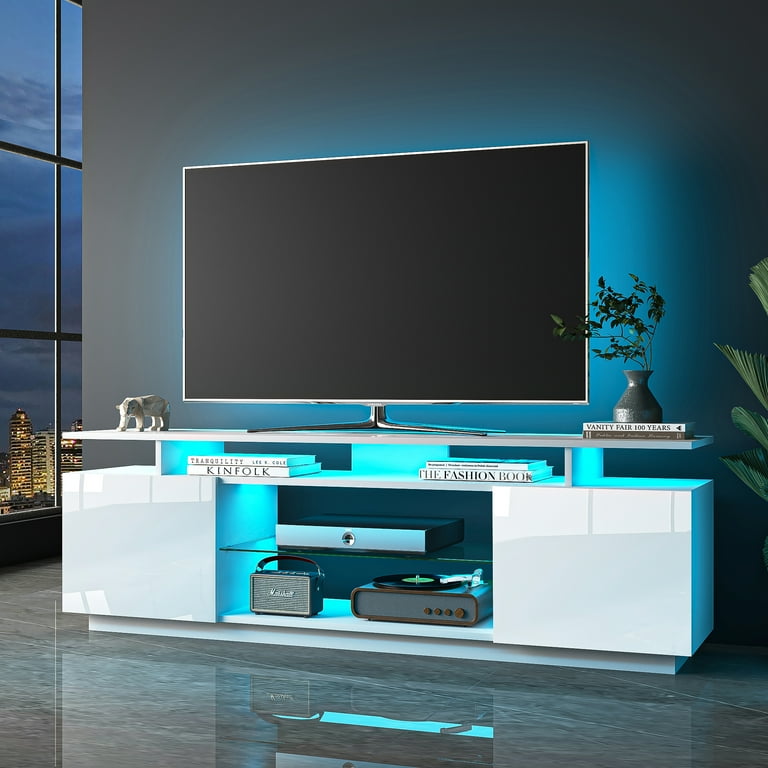 Resenkos LED Entertainment Center TV Console with Media Stand and Storage Cabinet for up to 80 Inch TV White